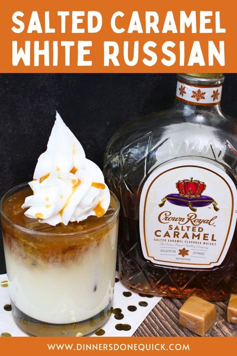 Craving a cozy winter sip? Dive into my Crown Royal Salted Caramel White Russian magic! Experience warmth with a twist on the classic cocktail, blending smooth whiskey, rich coffee liquor, and creamy perfection. 🥃✨ In just 3 easy steps, this recipe transforms your evenings into a delightful winter retreat. 🌟 Ready to upgrade your winter nights? Pin now to make your own Crown Royal masterpiece! 🚀 Crown Royal Drinks, White Russian Recipe, Salted Caramel Crown Royal Drinks, Whiskey Drinks Caramel Drinks Alcohol, Drink Recipes With Salted Caramel Crown Royal, Crown Royal Maple Drinks, Salted Carmel Whiskey Recipe, Crown Royal Vanilla Drinks Recipes, Salted Caramel White Russian Recipe, Salted Caramel Crown Royal Drink Recipes Easy, Holiday Booze Drinks, Crown Caramel Apple Drinks