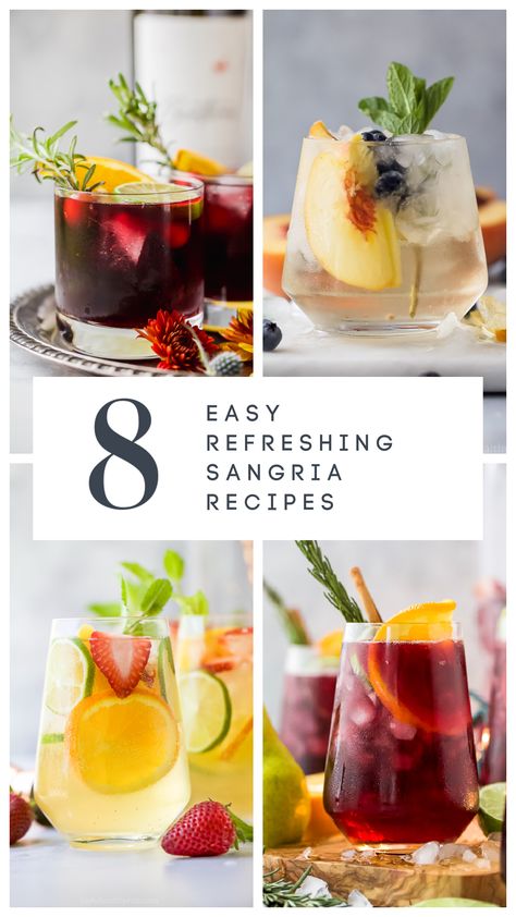 8 of the best easy sangria recipes you can make any time of the year, from refreshing white wine sangria to spiced holiday sangria. You’ll love these fresh and easy cocktail ideas! #winesangria #sangriarecipe #winerecipes #cocktailideas Red And White Sangria Recipes, New Years Sangria Recipes, Seasonal Sangria Recipes, Riesling Sangria Recipes, Sangria Cocktail Recipes, New Years Sangria, Pitcher Sangria Recipe, Champagne Sangria Recipe, Easy Red Sangria Recipes