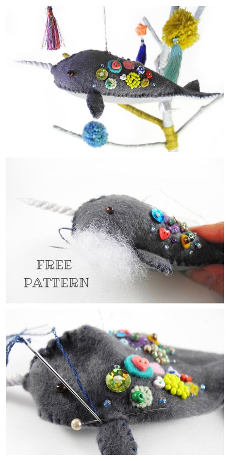 DIY Felt Narwhal Ornament Free Sewing Pattern + Tutorial Felt Animal Patterns Free, Free Felt Ornament Patterns, Narwhal Craft, Felt Animals Diy, Felt Ornaments Patterns Free, Free Felt Patterns Printables, Free Plush Sewing Patterns, Narwhal Stuffed Animal Pattern, Felt Narwhal