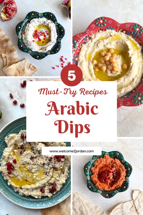 Arabic dips Persian Dip Recipes, Arabic Snacks, Arabic Appetizers, Middle Eastern Bread, Muhammara Recipe, Tabbouleh Recipe, Middle Eastern Restaurant, Eggplant Dip, Bread Dip