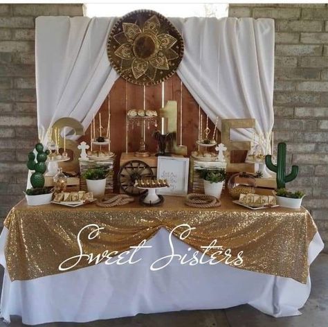 Charra Birthday Party, Charro Birthday Party Ideas, Charro First Birthday, Bautizo Ideas Decoracion Charro, Ranchera Quinceanera Theme, Charro Backdrop Ideas, Baptism Mexican Theme, Hacienda Baptism, Boys Quinceanera Ideas