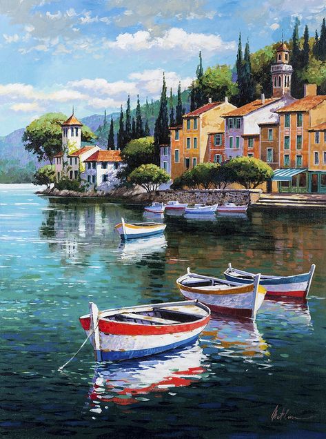 ARTfocus Publishing | Anatoly Metlan Art Mediterranean Paintings, Seascape Canvas, Canvas For Beginners, Dream Painting, Boat Art, Easy Canvas Painting, Boat Painting, Landscape Art Painting, Simple Acrylic Paintings