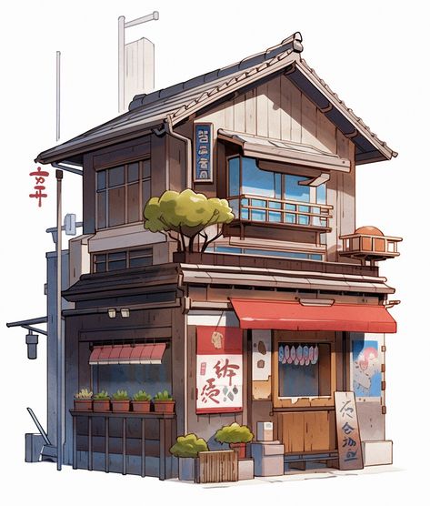 Tokyo Architecture Modern, Studio Ghibli Buildings, Japanese Building Drawing, Ghibli Buildings, Ghibli Architecture, Japan Environment, Minecraft Reference, Houses Sims 4, Tokyo Architecture