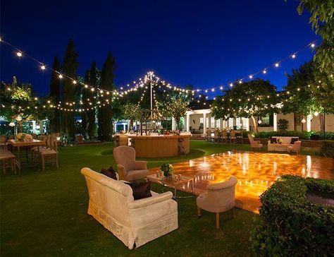 Create a Canopy of light for an outdoor wedding! Anniversary Party Decorations Outdoor, Night In The Garden Prom, Outdoor Formal Party, Garden Anniversary Party, Garden Dance Party, Garden Party Inspiration, Garden Dance Floor, Outdoor Anniversary Party Ideas, Outdoor Party Lighting Ideas