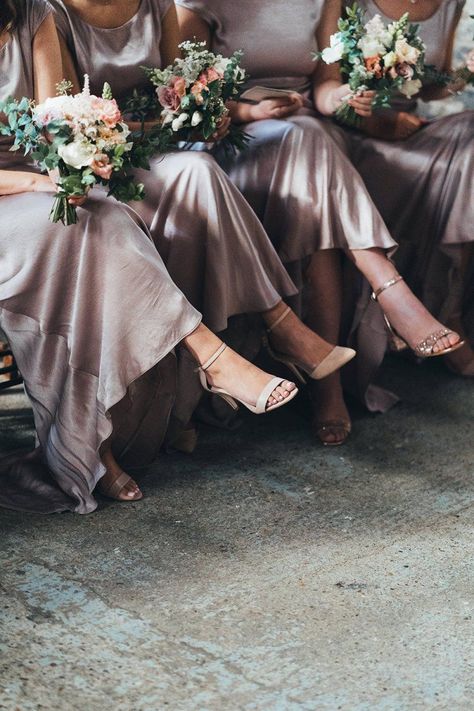 Dusky Pink Bridesmaid Dresses and Strappy Shoes Candles At Wedding, Pink Satin Bridesmaid Dresses, Dusky Pink Bridesmaid Dresses, Dusky Pink Bridesmaids, Charlie Brear Wedding Dress, Asylum Chapel, Dusky Pink Dress, Long Bridesmaid Dresses With Sleeves, Sleeves Bridesmaid Dresses