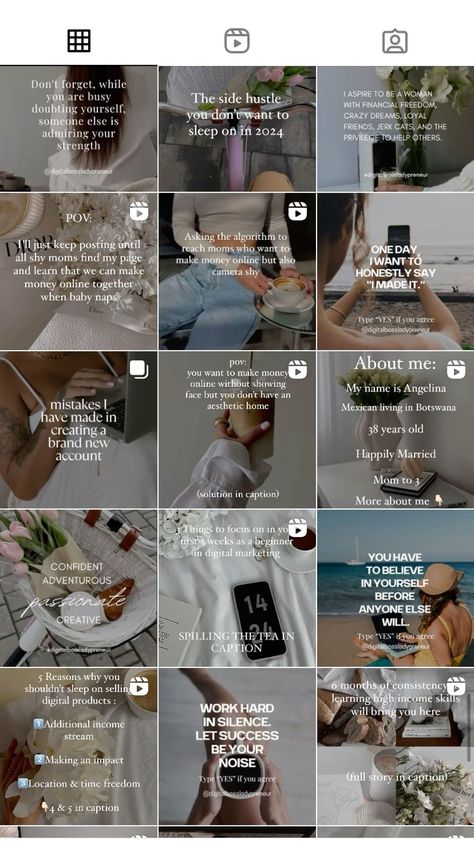 Instagram Aesthetic Account Idea Instagram Digital Marketing, Faceless Digital Marketing Aesthetic, New Instagram Account Ideas, Faceless Instagram Account, Faceless Account Ideas, Faceless Instagram Feed, Faceless Marketing Aesthetic, Instagram Feed Quotes, Faceless Digital Marketing