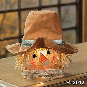 Glass Block Ideas, Scarecrow Hat, Glass Block Crafts, Scarecrow Crafts, Lighted Glass Blocks, Fall Scarecrows, Painted Bottles, Harvest Party, Edible Arrangements