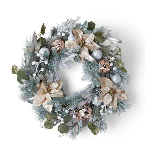 24" Christmas Eucalyptus With Berries & Gold Bauble Wreath by Bloom Room | JOANN January Wreath Ideas, Unique Christmas Wreaths, Christmas Eucalyptus, January Wreath, Silver Christmas Wreath, Gold Baubles, Money Board, Bauble Wreath, Winter Wreath Diy