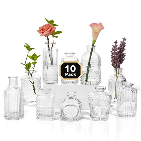 PRICES MAY VARY. 【Glass Vases for Centerpieces】This elegant vintage-designed set includes 10 small vases in bulk: 5 vases under 6 inches and 5 vases under 4 inches. Perfect for various decoration needs, they add a charming touch to bedrooms, dining tables, living rooms,shelf decor, and desks. 【glass Bud Vase Set】Contains 10 small flower vase, the use of harmless soda-lime glass material, high light transmittance, can be refracted clear translucent gorgeous wonderful light and shadow, the bottle Vases For Centerpieces, Glass Vases Centerpieces, Glass Bud Vases, Small Vases, Cut Glass Vase, Small Glass Vases, Glass Bud Vase, Elegant Vases, Wedding Reception Centerpieces