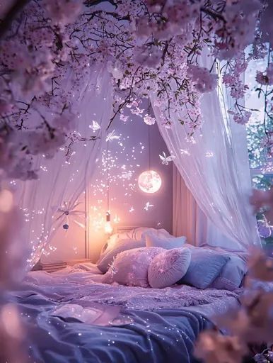 ↑↑↑ Larger size on website 🔸 A dreamy bedroom setting with a canopy of pink cherry blossoms above a bed with soft, fluffy pillows Purple Sheets, Cherry Blossom Bedroom, Ethereal Lighting, White Butterflies, Pretty Bedroom, Romantic Bedroom, Attic Bedroom, Dreamy Bedrooms, Pink Cherry