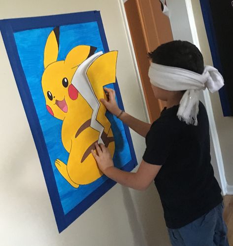 Pokémon party game Pin the tail on the Pikachu Pokemon Birthday Party Ideas Games, Pokemon Birthday Pictures, Pokemon Go Party Ideas, Pikachu Pin The Tail, Pikachu Party Games, Pokemon Party Game Ideas, Pokemon Birthday Decorations Ideas, Pokemon Party Games Boys, Pokemon Birthday Party Outside