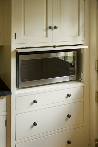 Microwave Cabinet - Traditional - Kitchen - Boston - by Heartwood Kitchens | Houzz Microwave In Pantry, Kitchen Microwave Cabinet, Hidden Microwave, Toronto Interior Design, Microwave Shelf, Microwave Cabinet, Bunk Bed Designs, Microwave In Kitchen, Custom Kitchens