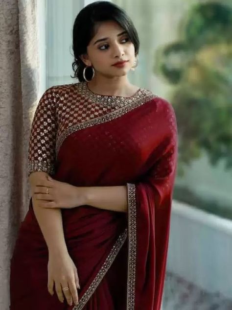 Embroidered Bollywood Satin Saree (Maroon) Plane Saree, Pretty Saree, Kerala Saree Blouse Designs, Handmade Blouse, Sarees For Girls, Fancy Sarees Party Wear, Indian Saree Blouses Designs, Silk Saree Blouse Designs, Half Saree Designs