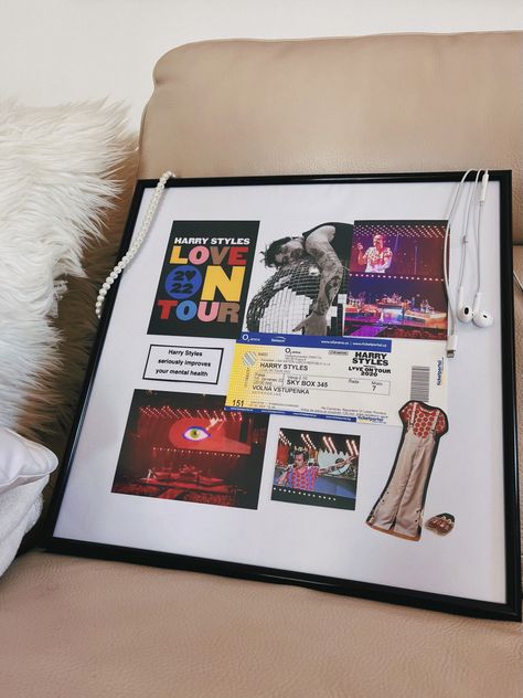 Harry Styles Love On Tour Tickets, Love On Tour Scrapbook, Concert Memory Frame, Concert Memory Ideas, Hslot Scrapbook, Harry Styles Tickets, Cody Johnson Concert, Concert Journal, Concert Scrapbook