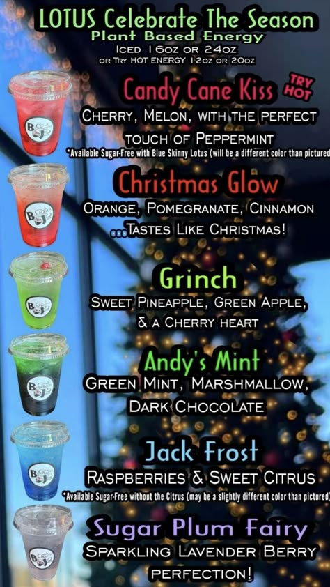 Tiki Breeze Energy Recipes, November Lotus Drinks, Holiday Lotus Drinks, Energy Drink Flavor Combinations, Christmas Dirty Soda, Seven Brew Drink Ideas, Loaded Tea Flavors, Purple Lotus Energy Drink Recipes, Fall Lotus Drinks