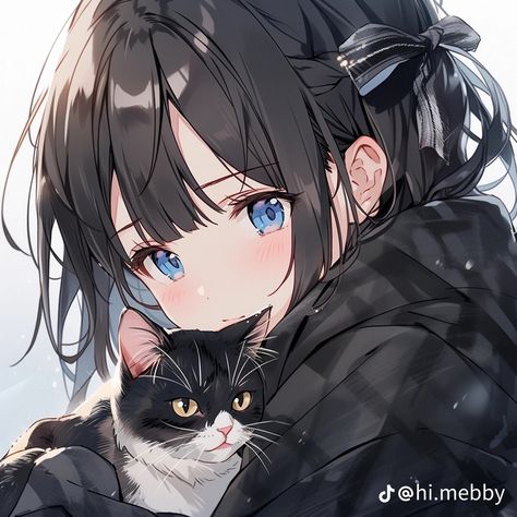 Female With Black Hair, All White Background, Black Cat Anime, Light Blue Eyes, Anime Black Hair, Cat Art Illustration, Cat With Blue Eyes, Black And White Cat, Cool Anime Backgrounds