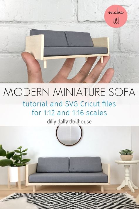 DIY miniature modern sofa - tutorial for 1:12 and 1:16 Lundby scale - dillydallydollhouse.com Miniature Sofa, Ikea Dollhouse, Modern Dollhouse Furniture, Dollhouse Diy, Dilly Dally, Dollhouse Miniature Tutorials, Doll Furniture Diy, Diy Barbie Furniture, Doll House Plans