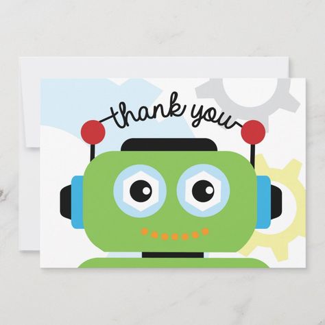 Robot Thank You Card | Robot Birthday Party | #robotbirthday #robotthankyou #thankyoucard #birthday #thankyounote #let'sgonuts #nutsandbolts #nuts #gears Robot Birthday Party, Robot Theme, Kids Market, Robot Party, Thank You Images, Birthday Thank You Cards, Birthday Tags, Sticker Template, Diy Presents