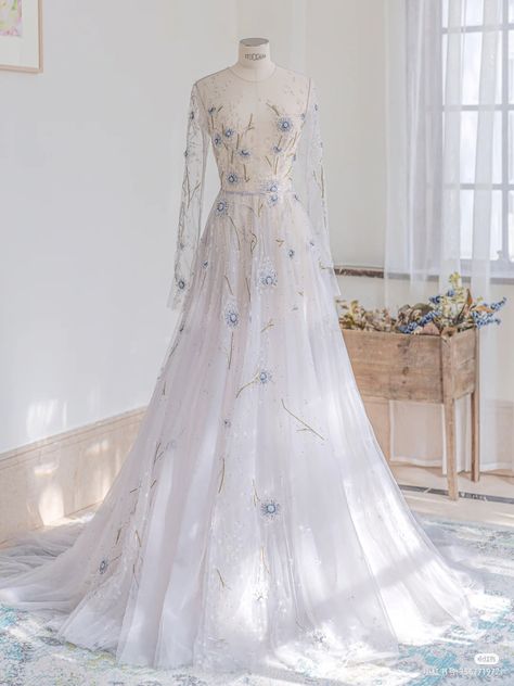 White Wedding Dress With Blue Flowers, Periwinkle Wedding Theme, Blue And White Wedding Dress, Flower Gown, Blue Wedding Dress, Sleeved Wedding, Mode Abaya, Wedding Dress With Veil, Royal Dresses