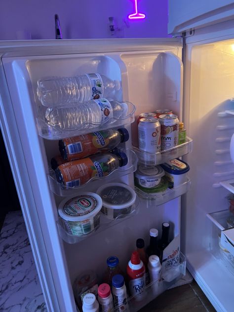 Snack Area In Bedroom, Mini Fridge Aesthetic, Bedroom Mini Fridge, Mini Fridge In Bedroom, Snack Stash, Snack Drawer, Bedroom Upstairs, College Food, Girl Apartment Decor