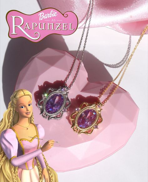 Barbie Friendship Necklace, Barbie Movies Jewelry, Barbie Necklace Movie, Barbie Movie Jewelry, Barbie Inspired Jewelry, 2000s Barbie Aesthetic, Barbie Necklaces, Rapunzel Jewelry, Rapunzel Necklace