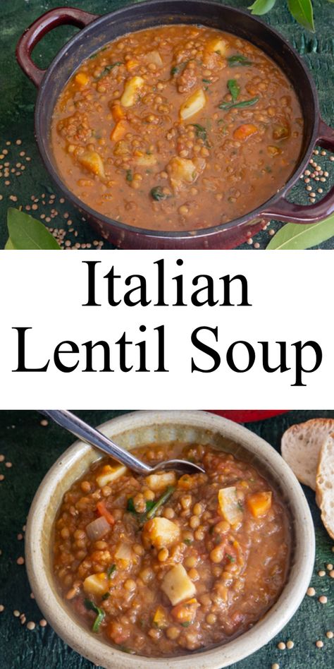 This Italian Lentil Soup, is a delicious healthy One Pot Soup Recipe. A hearty creamy soup without adding milk or cream. Perfect for lunch or dinner, serve with some crusty bread and dinner is served! Italian Lentil Soup Recipe, Italian Lentil Soup, One Pot Italian, One Pot Soup, Best Lentil Soup Recipe, Lentil Recipes Easy, Italian Soup Recipes, Lentil Soup Recipe, Vegetarian Soup Recipes