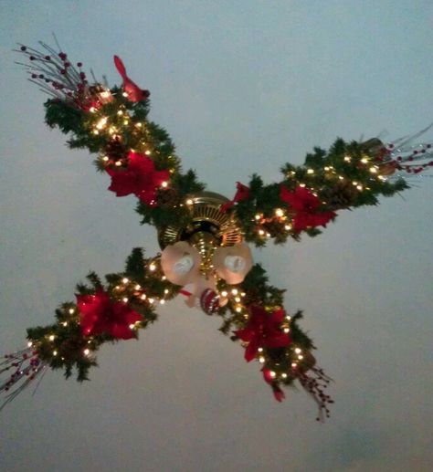 Ceiling fan "dressed" for Christmas. Christmas Decorations For Ceiling, Decorations For Ceiling, Christmas Decorations Ceiling, Christmas Ceiling Decorations, Gold Ceiling Fan, For Christmas Decorations, Fan Decoration, Christmas Tree Decorations Diy, Christmas Decorations Bedroom