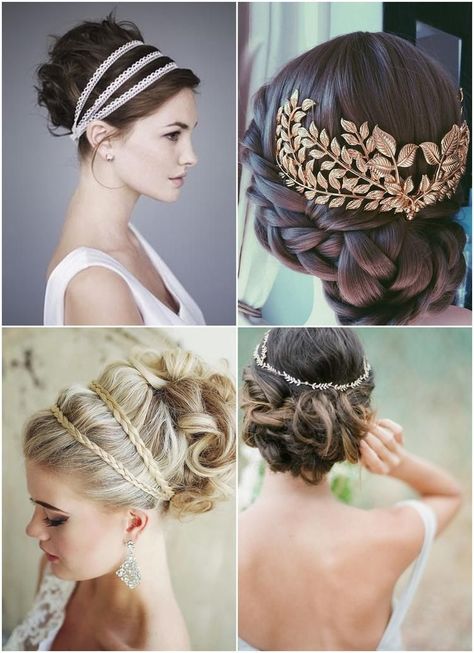 greek style wedding hairstyle and accessories ideas Greece Goddess Hairstyle, Greek Style Hair Wedding, Greek Updo Hairstyles, Grecian Wedding Hairstyles, Greek Style Hairstyle, Greek Wedding Veil, Greek Goddess Wedding Hair, Greek Wedding Hairstyles, Wedding Greek Style