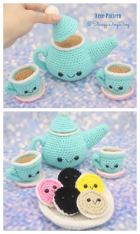 Toy Teapot Free Crochet Patterns - DIY Magazine Crochet Tea Set Pattern, Free Stuff Animal Crochet Patterns, Crochet Teacup Pattern Free, Crochet Tea Set Free Pattern, Crochet Tea Cup Pattern Free, Crochet Toy Set, Crochet Toy Ideas, Crochet Play Sets, Tea Pot Crochet