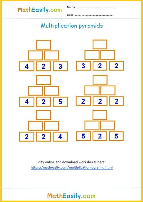 Free printable multiplication pyramid worksheets. #matheasily #multiplication #mathworksheets #mathgames #thirdgrademath #secondgrademath #multiplicationctivities #kids Multiplication Pyramid, 3rd Grade Math Worksheets Multiplication, Math Worksheets Multiplication, 4th Grade Math Games, Printable Multiplication Worksheets, Math Multiplication Worksheets, Online Math Games, Free Printable Math Worksheets, Play Math