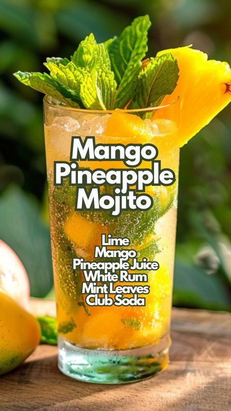 Mango Pineapple Mojito Pineapple Mango Mojito Recipe, Pineapple Mojito Mocktail, Flavored Mojito Recipe, Mojito Flavors, Summer Mojito Recipe, Mango Refresher, Pineapple Mojito Recipe, Mango Cocktails, Pineapple Cocktails