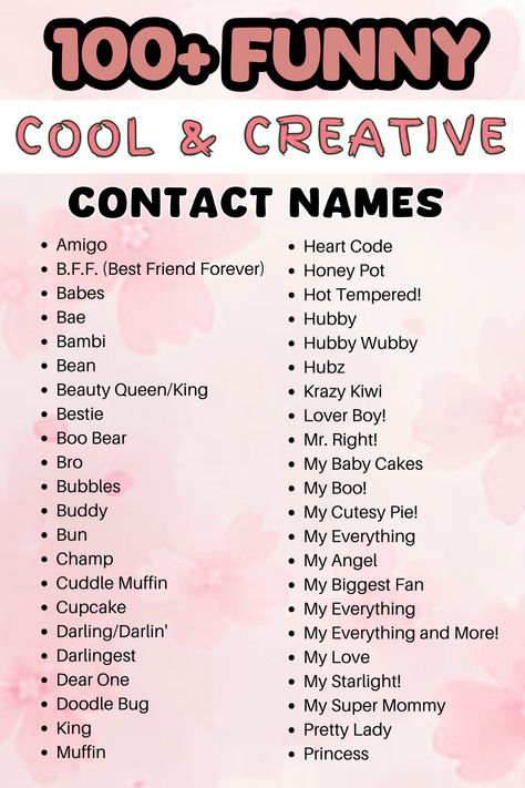 Looking for the perfect contact name? Check out 100+ funny, cool, and creative ideas to add personality to your contact list! From hilarious to heartfelt, click to find the best names for friends, family, and more Friend Contact Name Ideas, Fun Contact Names, Contact Name Ideas For Family, Funny Names For Best Friends, Contact Names For Best Friend, Contact Names Ideas, Funny Contact Names, Nicknames For Friends, Best Names