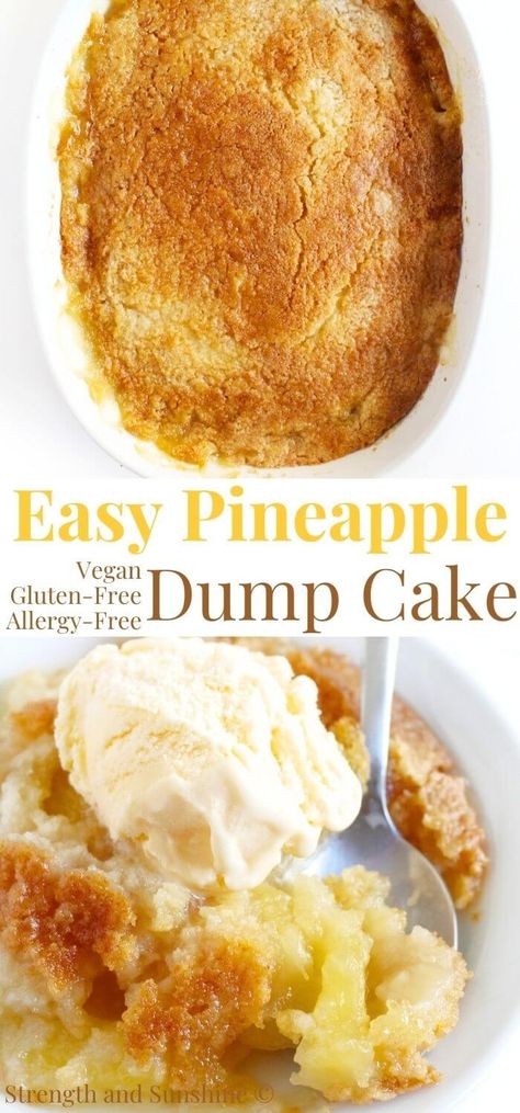 Pineapple Dump Cake (Gluten-Free, Vegan) | Strength and Sunshine | Delicious and easy pineapple dump cake! Just 3 to 4 ingredients, dump, and bake; this gluten-free and vegan dessert is buttery, sweet, and tangy! It's the perfect no-fuss recipe when you're short on time but still want to impress! With a golden brown crust and ooey gooey center, this tropical cake is perfect with a scoop of your favorite ice cream! Dump Cake Recipes Gluten Free, Crushed Pineapple Recipes Gluten Free, Pineapple Easy Dessert, Quick Desserts Vegan, Gf Dump Cake, Golden Pineapple Sweet Bake, Tropical Dump Cake, Pineapple Cake Gluten Free, Vegan Pineapple Dessert