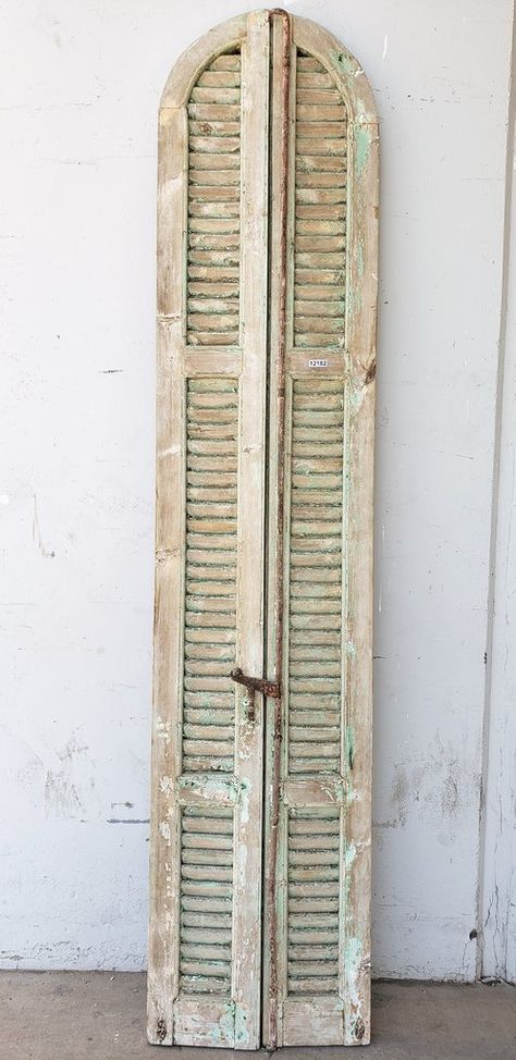 Pair of Natural & Chippy Green Narrow Extended Half-Round Shutters Antique Shutters, Windows Shutters, French Window, Antique Tables, French Windows, Shutters Exterior, Antique Doors, Window Shutters, Antique Table