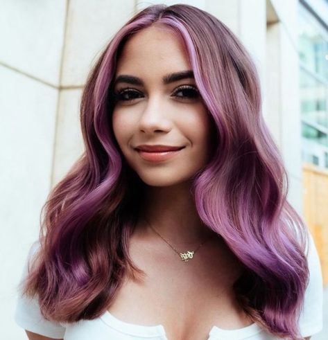 Purple Highlights For Instagram, Purple Highlights Light Brown Hair, Hairstyles With Purple, Colored Hair With Bangs, Coloured Hair Ideas, Highlights Light Brown Hair, Kids Updo, Kids Updo Hairstyles, Plum Highlights