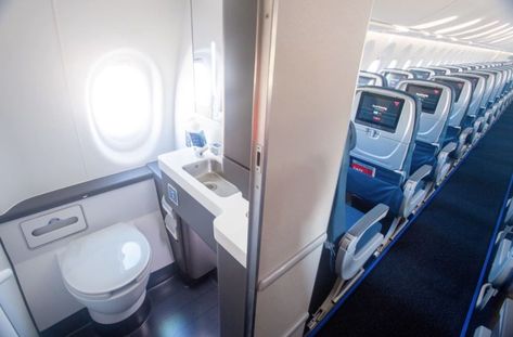 Deltas new planes will have bathroom windows and wider seats Airplane Toilet, Airbus A220, In Airplane, The Cloisters, Domestic Flights, Bathroom Windows, Big Windows, Europe Travel Tips, Travel News