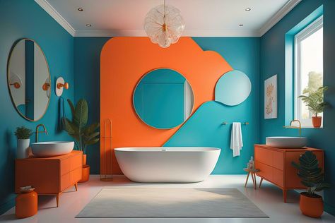 Blue And Orange Bathroom, Orange Sink, Split Complementary Colors, Split Complementary, Teal Bathroom, Orange Bathrooms, Downstairs Toilet, Concrete Floor, Blue Bathroom