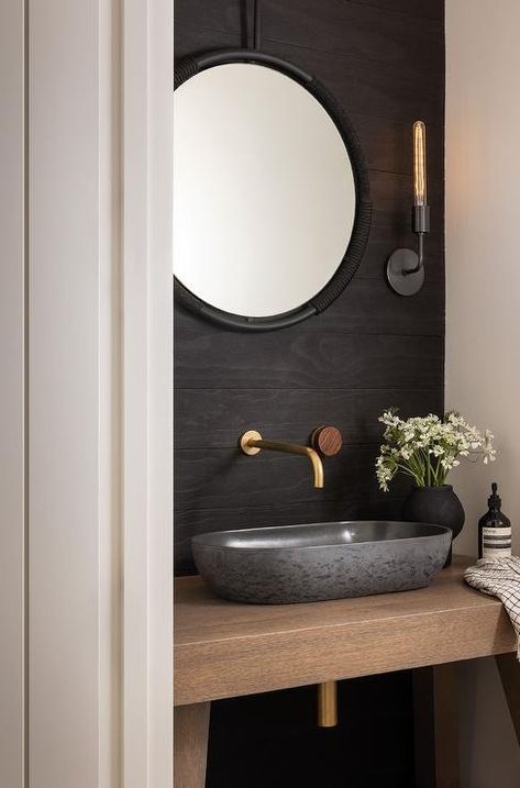 Small Powder Room Nook with Black Vessel Sink - Transitional - Bathroom Black Half Bathroom Modern, Powder Room Bowl Sink, Modern Bathroom Design Half Bath, Black Vessel Sink Bathroom Ideas, Powder Room Vessel Sink, Oak Accent Wall, Black Half Bathroom, Black Vessel Sink, Modern Farmhouse Powder Room