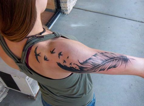 Feather Tattoo Shoulder, Simple Shoulder Tattoo, Bird Shoulder Tattoos, Feather With Birds Tattoo, Shoulder Cap Tattoo, Small Shoulder Tattoos, Tattoo Shoulder, Feather Tattoo Design, Tattoos For Women Half Sleeve