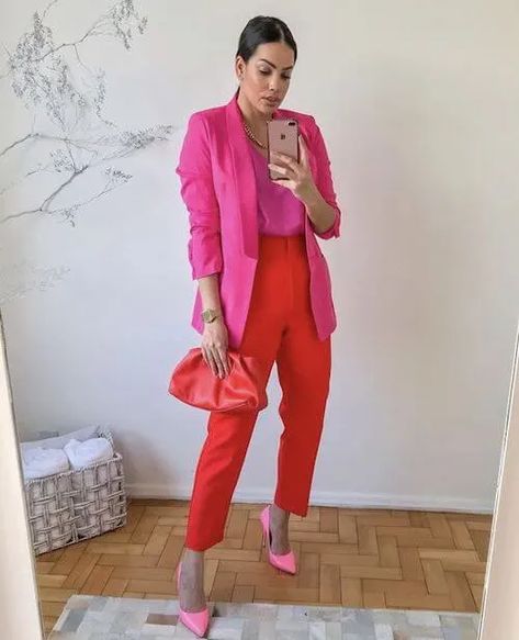 Pink And Red Outfit, Red Outfit Ideas, Valentines Day Romantic, Color Combos Outfit, Color Blocking Outfits, Best Style, Stylish Work Outfits, Pink Blazer, Red Pants