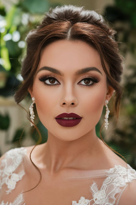 This bridal makeup look features striking deep red lipstick paired with defined brows and a soft smokey eye. The delicate earrings add a touch of elegance, complementing the bride's flawless complexion and updo. A perfect combination of sophistication and modern glamour. Makeup To Match A Red Dress, Eye Makeup With Wine Dress, Sultry Makeup Tutorial Step By Step, Natural Wedding Makeup Red Lips, Hollywood Bridal Makeup, December Wedding Makeup, Wedding Makeup Red Lipstick, Old Hollywood Wedding Makeup, Wedding Makeup With Red Lips