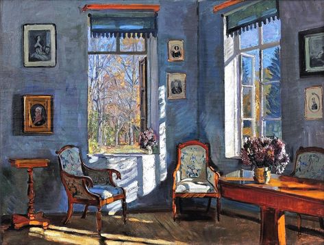 Zhukovsky Stanislav Yulianovich. Russian 1873-1944. Autumn. 1918 Painting Of Room, Painting Of A Room, Interior Paintings, Blue Room, Bathroom Windows, 수채화 그림, Arte Inspo, Window Art, Art Contemporary