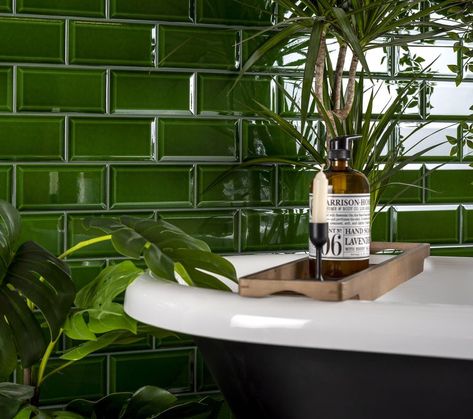 Victorian Green Metro Tiles, Walls and Floors Green Metro Tiles, Victorian Green, Green Tile Bathroom, White Wall Tiles, Metro Tiles, Victorian Tiles, Downstairs Toilet, Wood Effect Tiles, Bathroom Wall Tile