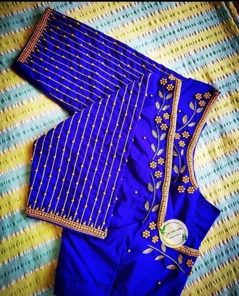 Elbow Sleeve Aari Work Blouse, Elbow Sleeves Aari Design For Blouse, Simple Elbow Sleeve Blouse Designs, Work Blouses Maggam Latest Simple, Blouse Designs Beads Work, 2000 Aari Work Blouse Design, Patch Work Blouse Sleeve Designs, Aari Simple Neck Design, Sleeves Work Design For Blouse