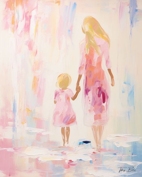 Mother Daughter Love Blonde - Giclee Fine Art Print on Heavy Fine Art Print Archival Paper - Original Art by Tiffany Bohrer, Tipsy Artist | MakerPlace by Michaels Mom And Daughters Painting, Mother Daughter Painting, Mother And Daughter Drawing, Mother Daughter Love, Mother Daughter Art, Watercolor Gouache, Modeling Paste, West Texas, People Illustration