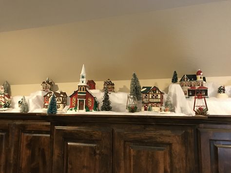 Cabinet top decor Christmas village Department 56 Christmas Village, Cabinet Top, Slim Christmas Tree, Village Christmas, Diy Christmas Village, Christmas Village Houses, Christmas Village Display, Village Display, Top Decor