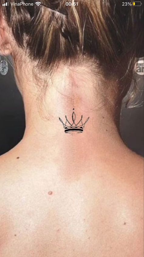 Small Queen Tattoos For Women, Crown Tattoo Back Of Neck, Crown Collar Bone Tattoo, Tiara Tattoos For Women, Small Crown Tattoos For Women, Princess Tiara Tattoo, Queen Tattoo For Women, Princess Crown Tattoo, Crown Neck Tattoo