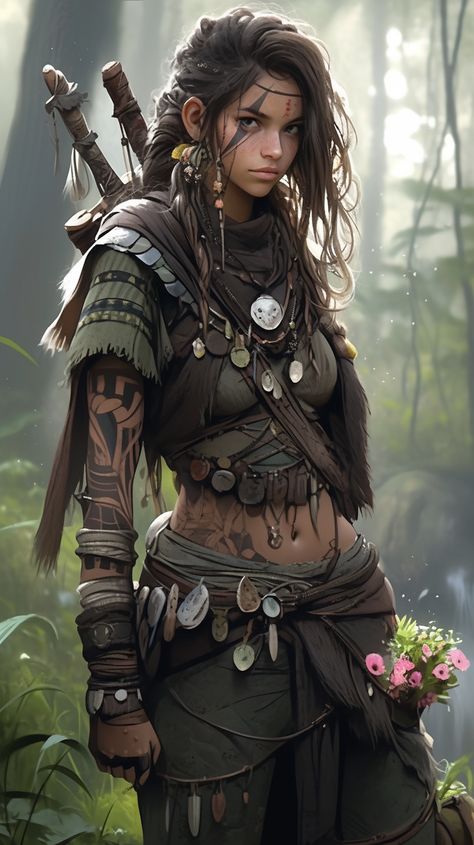 Woodland Warrior Woman, Amazon Woman Warrior, Dnd Druid Female, Fantasy Tribe, Female Adventurer, Female Druid, Amazons Women Warriors, Barbarian Woman, Amazonian Warrior