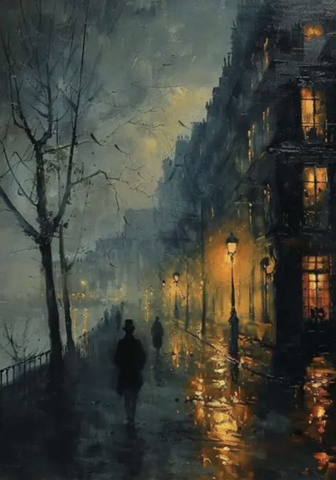 Old Paintings Aesthetic Dark, Painting Ideas Dark, Nighttime Painting, Melancholy Painting, Nocturne Paintings, City Landscape Painting, Painting City, Night Sky Painting, Rain Painting