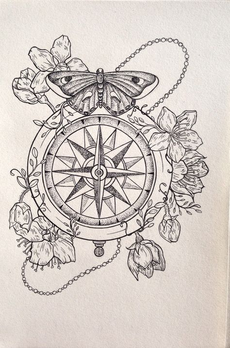 Compass Illustration Antique Compass Tattoo, Compass Leg Tattoo Woman, Butterfly Compass Tattoo, Feminine Compass Tattoo Design, Compass Sketch, Mandala Compass Tattoo, Compass Illustration, Mandala Compass, Dotwork Tattoo Mandala